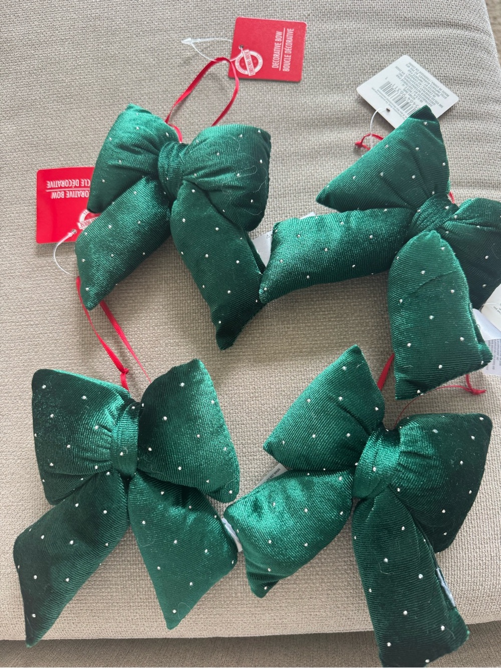 Set of 4 Green Velvet Christmas Decorative Bows Rhinestone Studded Holiday NWT
